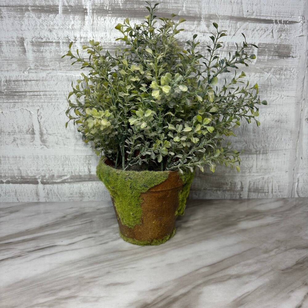 Faux Greenery Arrangement in Rustic Moss Wrapped Pot